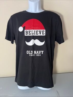 Old Navy Black T-Shirt with Red & White 'Believe' Santa Hat Holiday Graphic